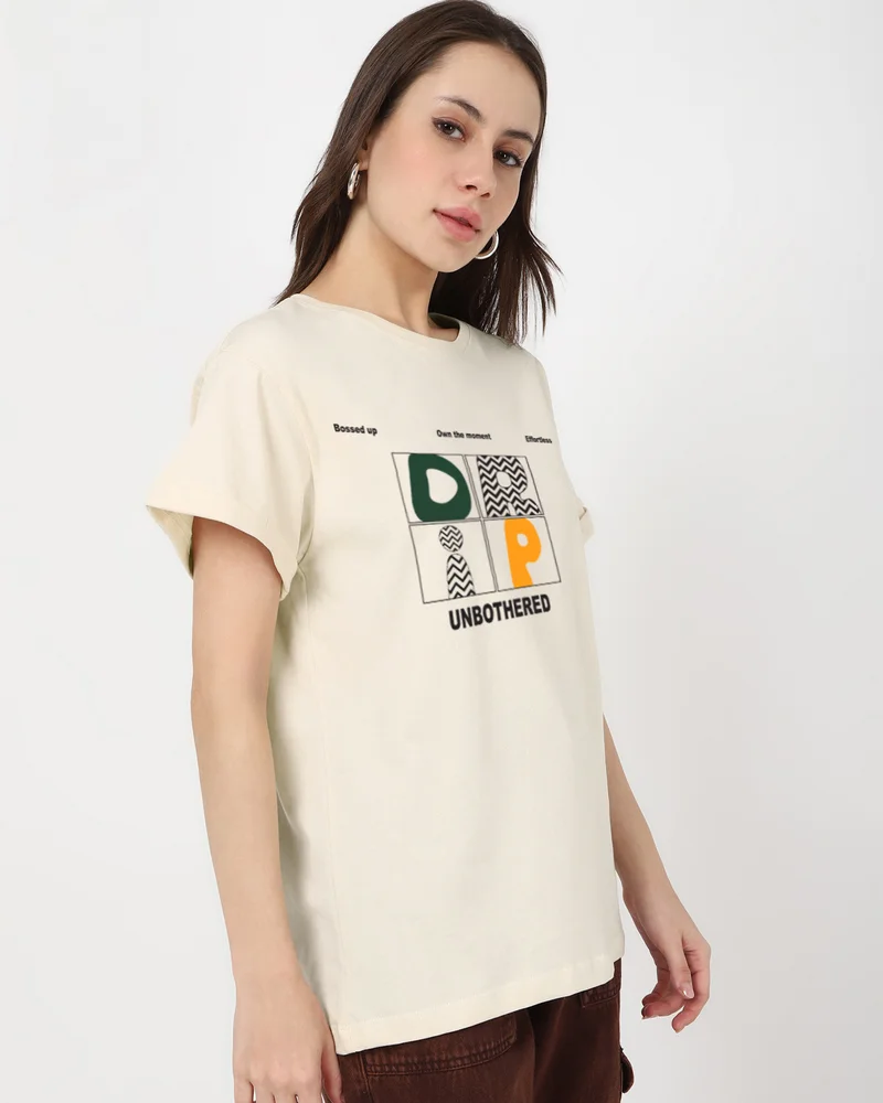 بيواكوف Women's Beige Drip Typography Boyfriend T-shirt